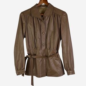Vintage Peruzzi Italian Leather Jacket Size 42 Chocolate Brown Belted Buttons